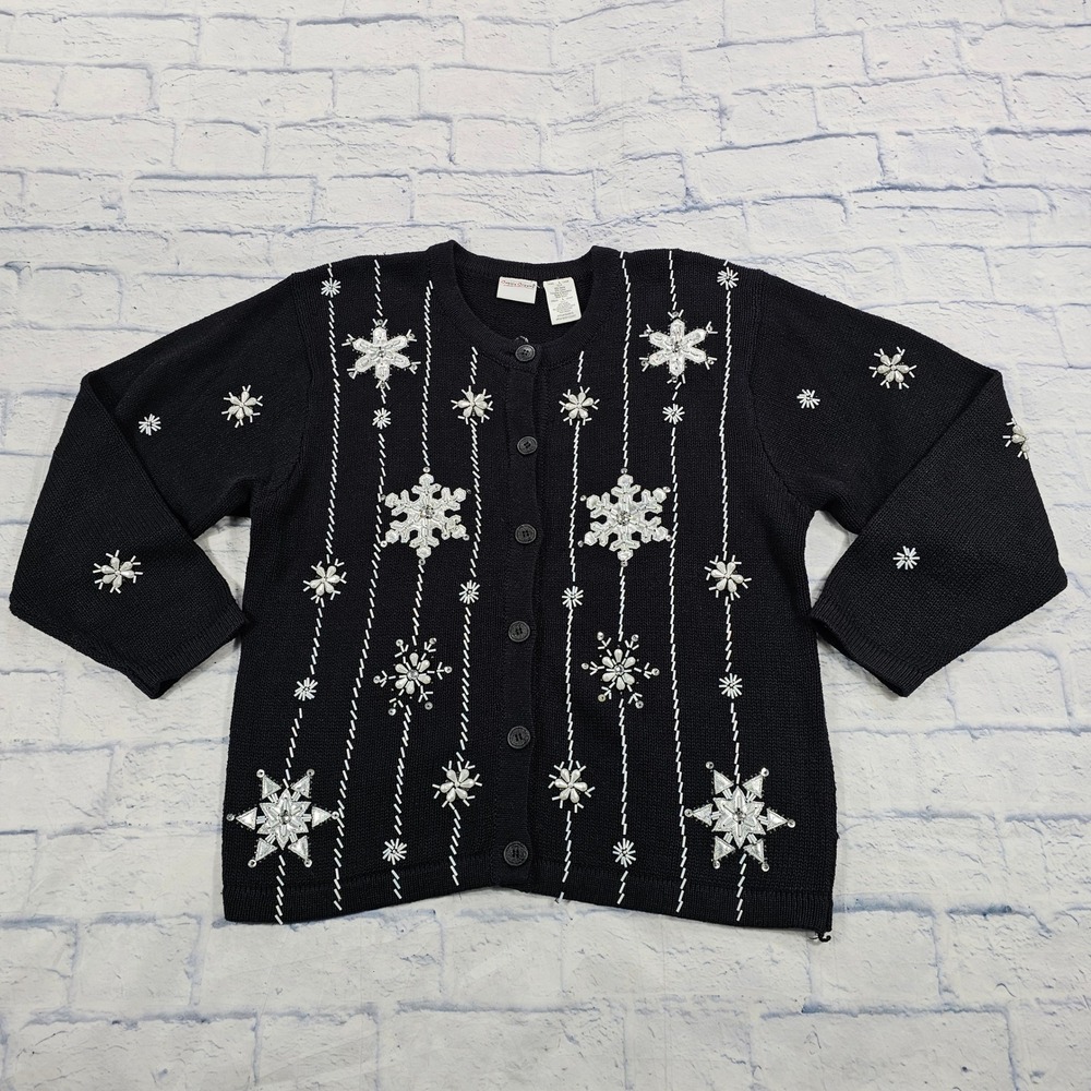 Bobbie Brooks Cardigan Women L Black Beaded Snowflake Sequin Holiday